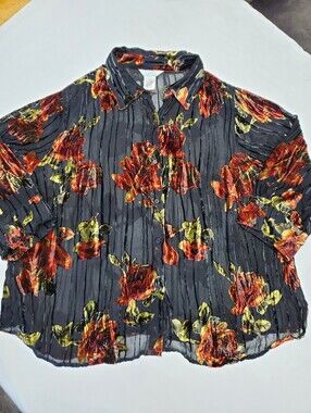 John Paul Richard Burnout Velvet Floral Crinkle Chiffon Blouse Black Rose 1X